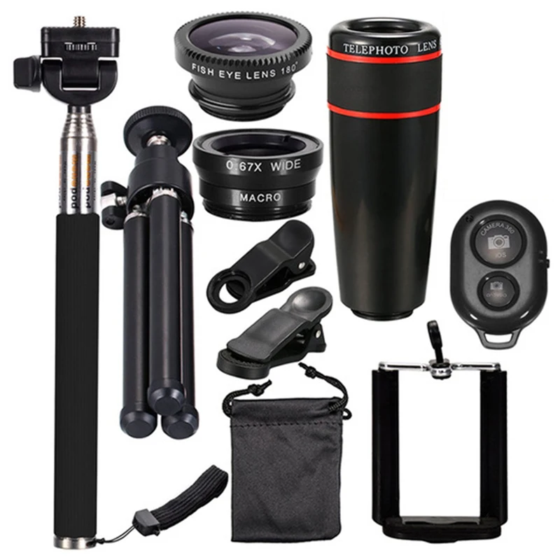

New-Apexel 10In1 Phone Camera Lens 12X Lenses Fish Eye Fisheye Lentes Wide Macro Lenses Selfie Stick Monopod Tripod For Xiaomi