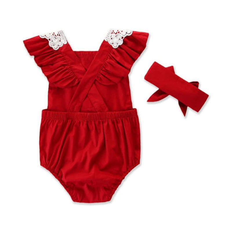 Baby Girl Romper 2PCS Short Petal Sleeve Lace Backless Elastic Waist Red Jumpsuits Headband 0-24M
