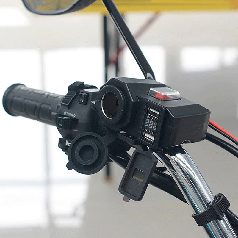 Motorcycle Charger 5V 2.1A output dual USB ports and Cigarette lighter socket outlet design With waterproof independent switch Motorcycle Charger 5V 2.1A output dual USB ports and Cigarette lighter socket outlet design With waterproof independent switch