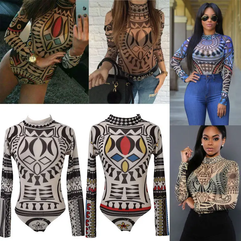 2019 New Sexy Women Tattoo Tribal Print Stretchy Bodysuit See-Through Mesh Sheer Long Sleeve Top Lady Clubwear O Neck Bodycon 2019 New Sexy Women Tattoo Tribal Print Stretchy Bodysuit See-Through Mesh Sheer Long Sleeve Top Lady Clubwear O Neck Bodycon