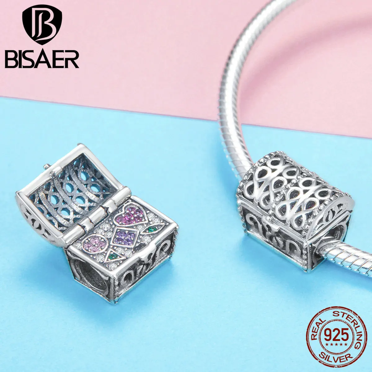 

BISAER 925 Sterling Silver Surprise Treasure Chest Box Cage Beads Charms fit Bracelets Silver Beads for Jewelry Making ECC989
