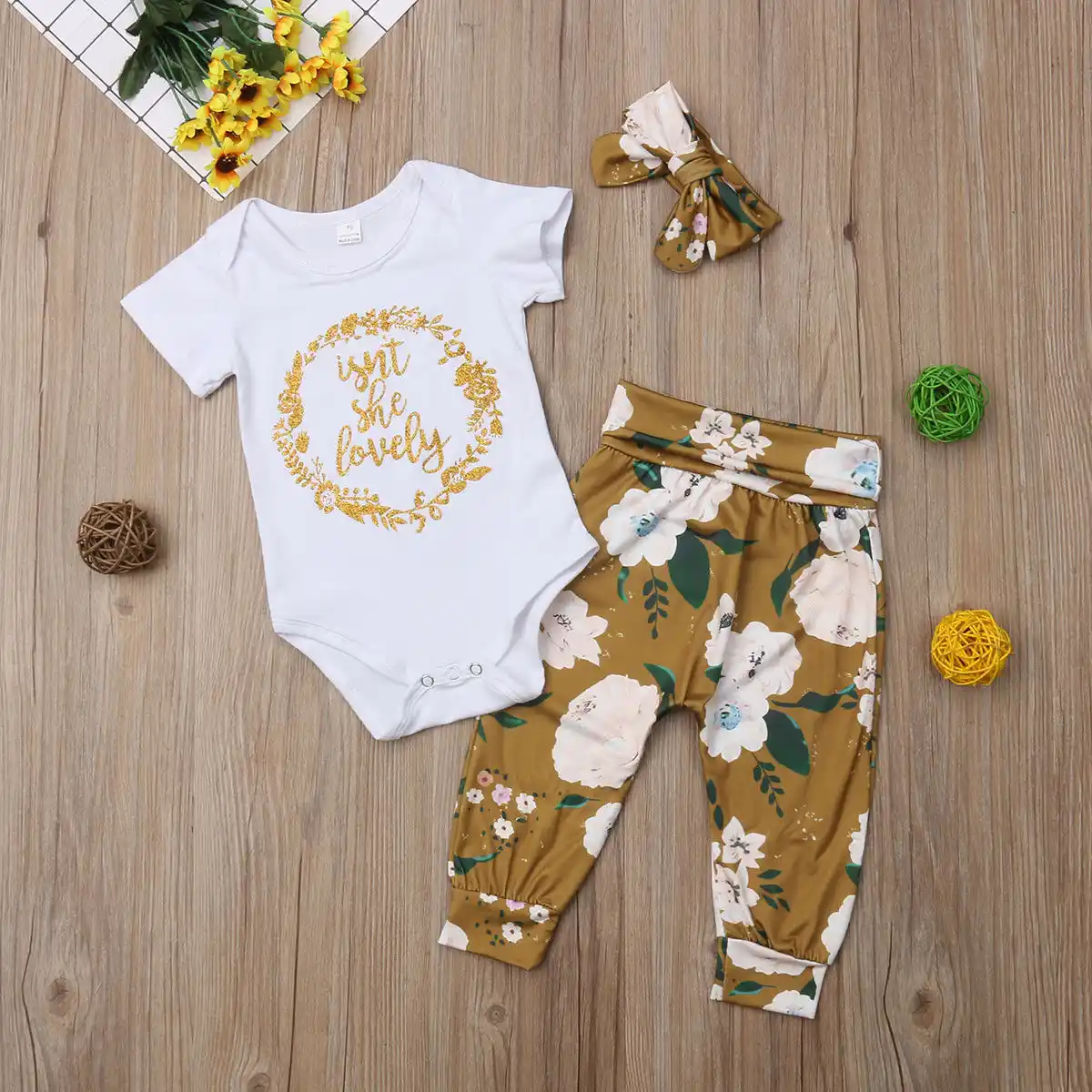 3pcs Newborn Kid Baby Girl Floral Clothes Jumpsuit Romper Bodysuit Pants Outfits