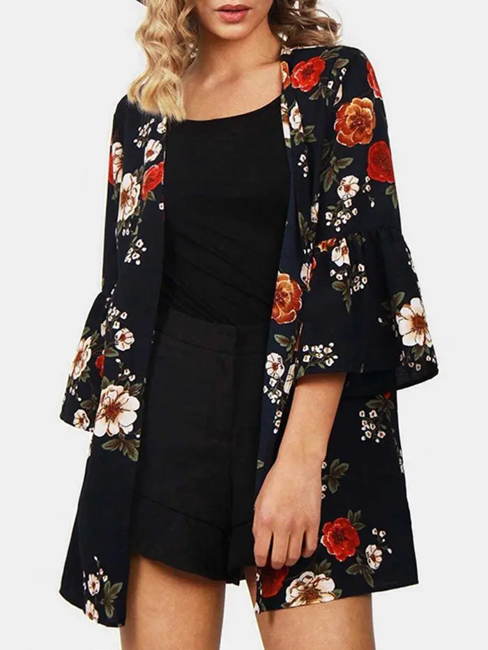Wipalo Floral Print Collarless Women Blouse Open Front 3/4