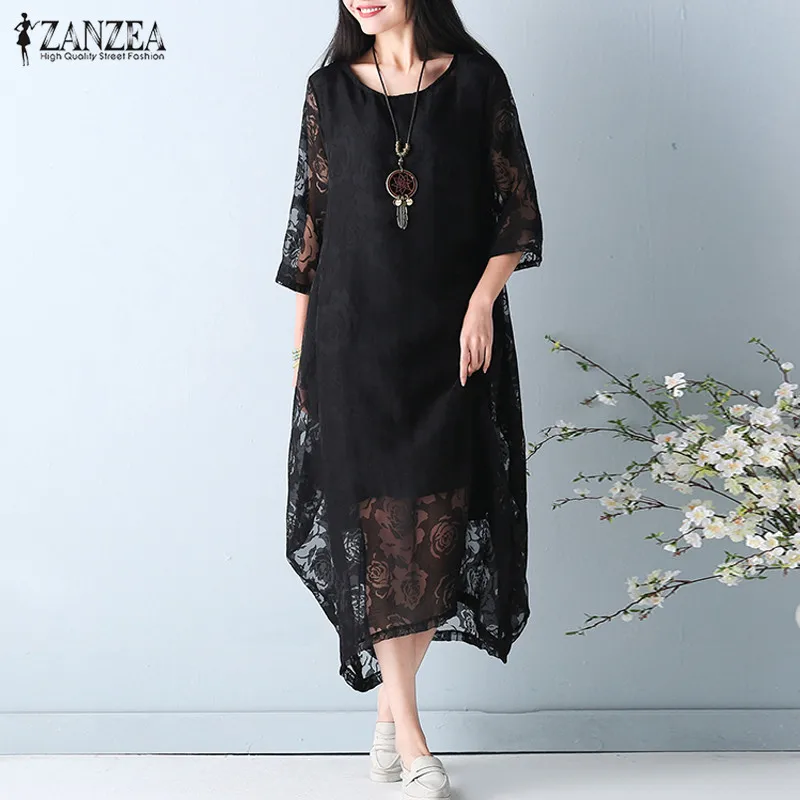 

Elegant Perspective Floral Dress 2019 ZANZEA Summer Midi Dress Female Casual Sundress Oversized Asymmetrical Vestido Robe Kaftan