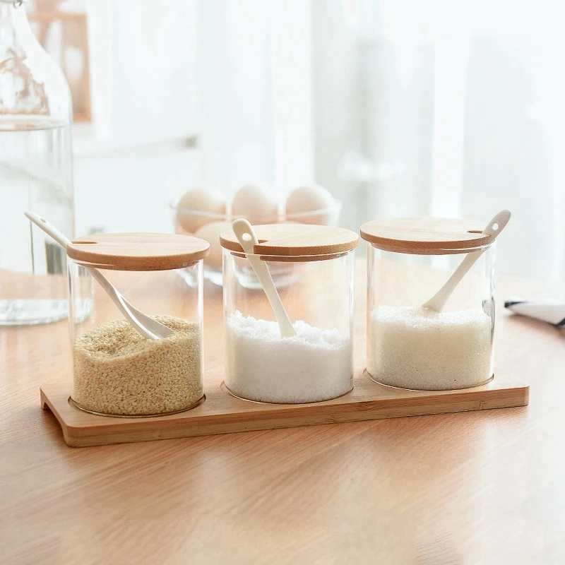 

3Pcs/Set Glass Spice Jar With Spoon Spice Container Organizer Seasoning Cans Pepper Shaker Storage Box With Tray Kitchen