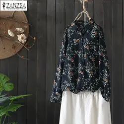 2019 ZANZEA для женщин блузка с длинными рукавами Свободная рубашка Femininas Весна лацканами средства ухода за кожей шеи Винтаж цветочным Принто