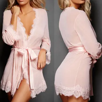

2019 Women Sleepwear robe Vestido Lace Nightwear Fashion Sexy Sissy 2PCS Lingerie Babydoll G-String Thong Underwear Belt