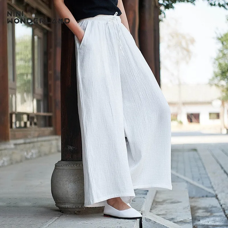 

NINI WONDERLAND Plus Size Women Casual Pants Linen Cotton Wide Leg Pants Spring Summer Elastic Waist Retro Loose Trousers Solid