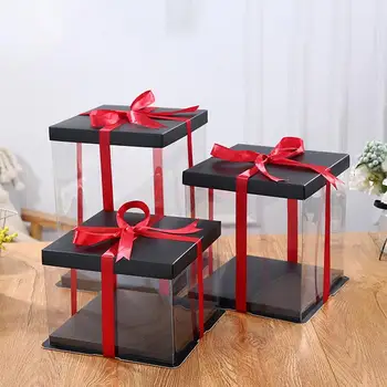 

20CM/25CM/35CM Artificial Rose Bear Flower Transparent Gift Box Birthday Cake Plastic Organizer Wedding Party Decor