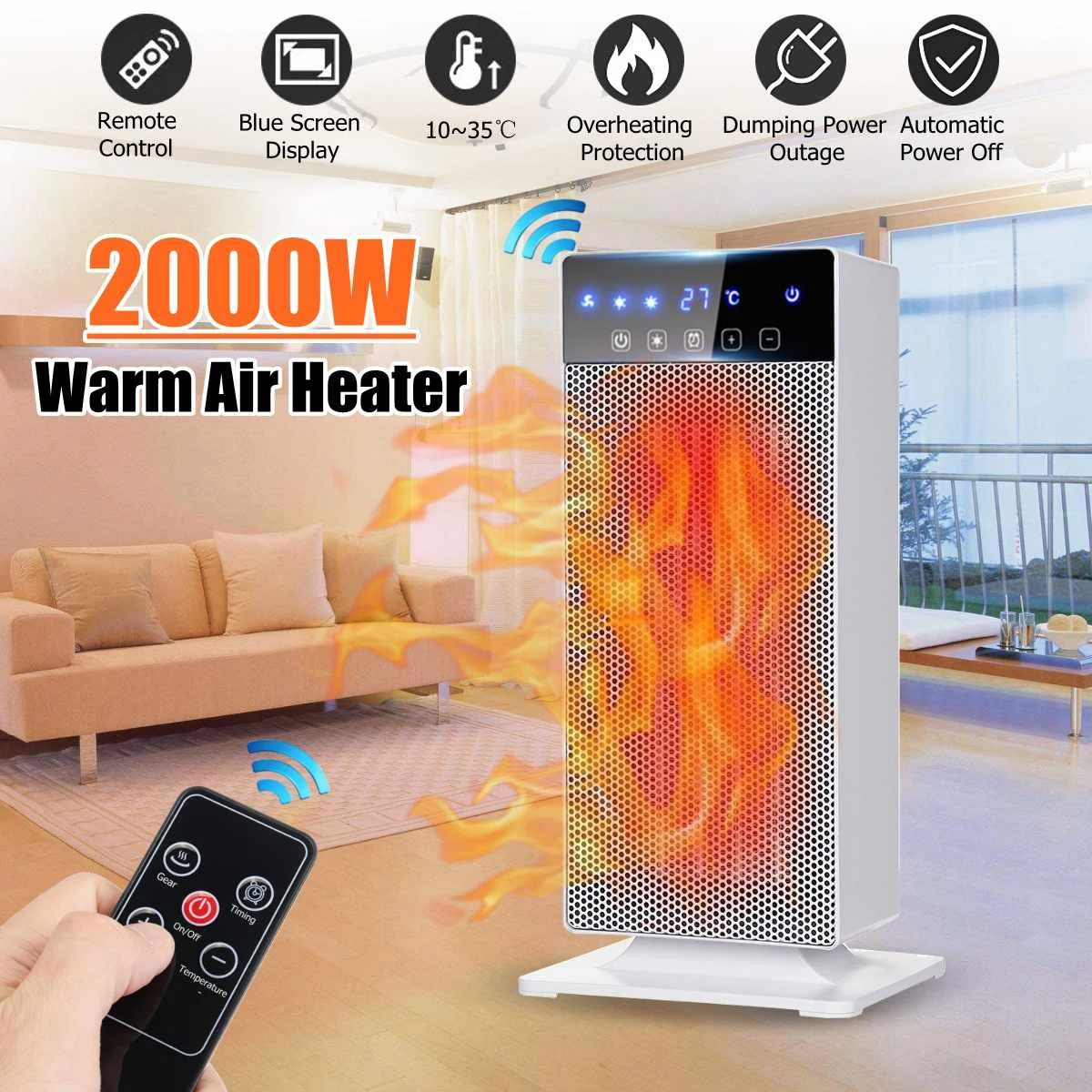 

2000W PTC Vertical Electric Warm Air Heater fan Remote control/Mechanical models with LED Digital Display For Home Office Use