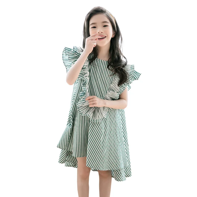

Summer Big Girls Ruffle Short Sleeve Loose Dress Stripe Cotton Fashion Kids Party costume 4-14 Yrs Teenager girl Princess Frocks