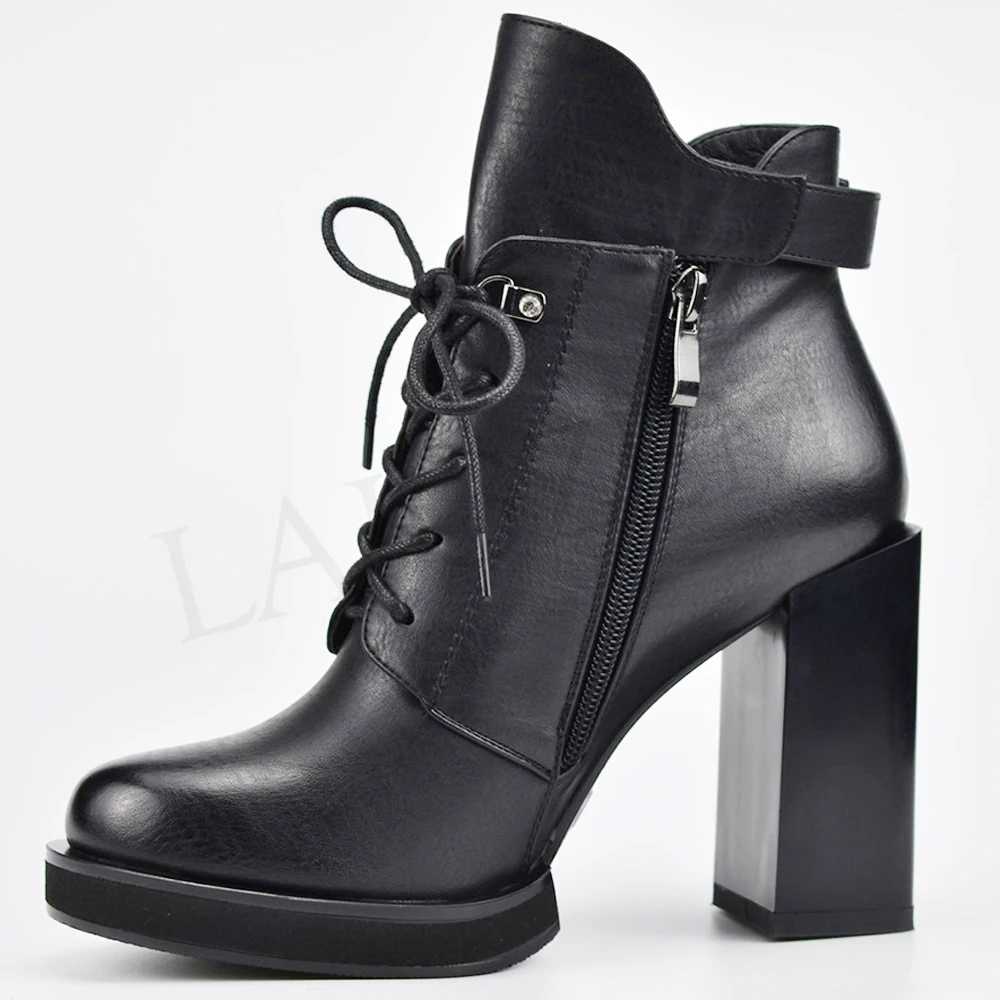 

LAIGZEM ELEGANT Women Ankle Boots Faux Leather Chunky High Heels Boots Zip Shoes Women Botines Mujer Botas Feminina Size 5-41