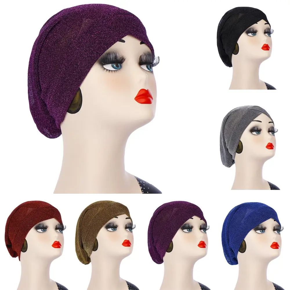 

Women's Muslim Turban Elastic Cross Bonnet Night Sleep Hat Hair Loss Cap Islamic Arab Beanies Skullies Glitter Pile Cap Fashion