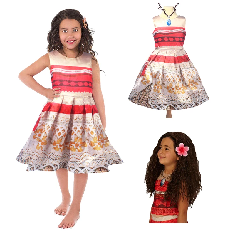 

Girl Autumn Dress Moana+Necklace Kids Adventure Outfit Children Vaiana Princess Beach Party Cosplay Costume Girl Nightgown