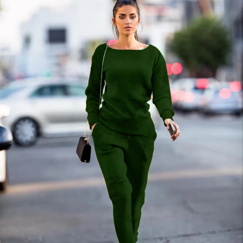 Women sweater suit and setsCasual Knitted Sweaters Pants 2PCS Track Suits Woman Casual Knitted Trousers+Jumper Tops Clothing Set