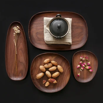 

Black Walnut Wooden Dinner Plate, Wooden Square And Round Tray, Fruit Dessert Cake Snack Candy Platter