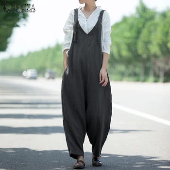 

2020 ZANZEA Women Casual Jumpsuits Vintage Strap V Neck Solid Cotton Linen Overalls Rompers Female Wide Leg Trousers Plus Size