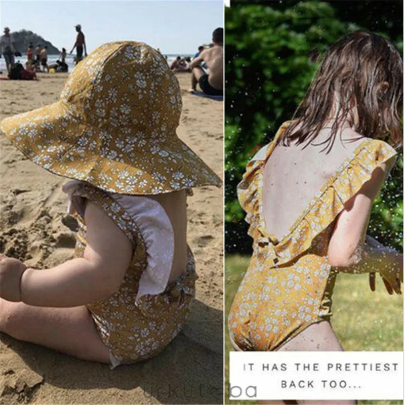 

2-6T Children's Swimwear 2019 One Piece Bodysuit Girls Beach Swimsuits Boys Yellow Flower Kid Bathing Suit Girl Swimming Suits