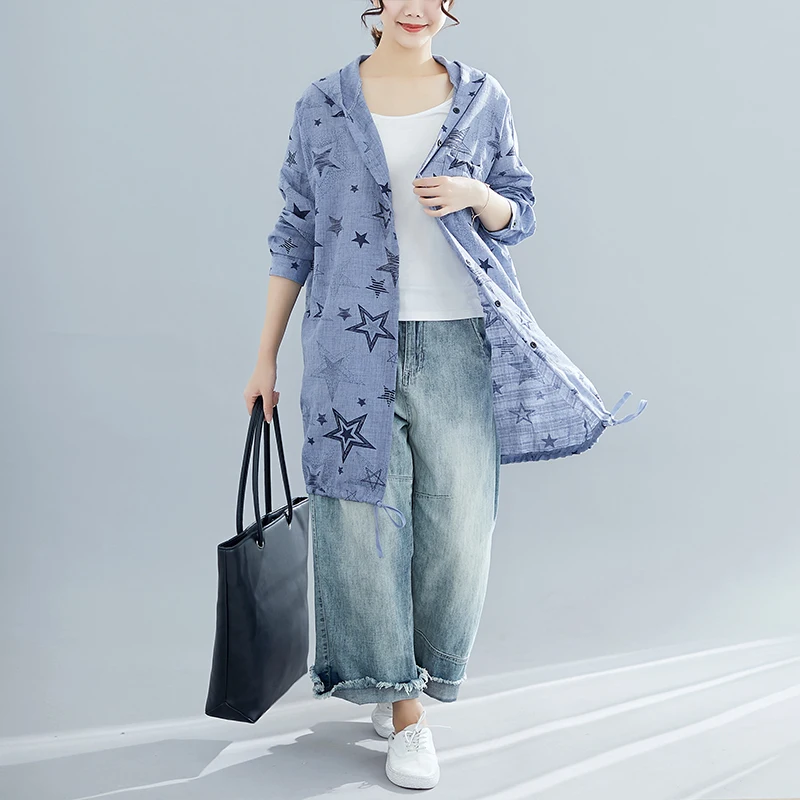 

2019 Casual Women Long Shirts Star Print Hooded Sunscreen Blouse Shirt White Blue 2109