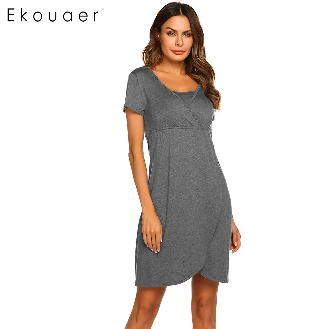 Ekouaer, женская ночная рубашка, ночная рубашка для беременных, ночная рубашка с круглым вырезом, свободное платье для сна