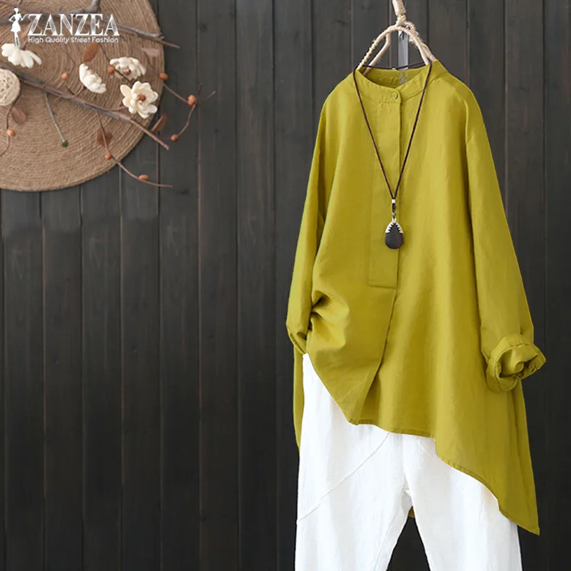 

Plus Size Women's Linen Blouse 2019 ZANZEA Vintage Irregular Shirts Chemise Female Button Tunic Tops Femme Casual Work Blusas