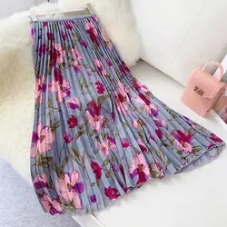 Новое поступление для женщин цветочный принт элегантные плиссированные макси юбка лето корейский издание шифон, высокая талия Harajuku