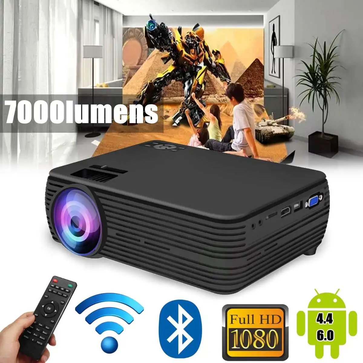 

X5 LCD Projector android4.4/6.0 Home Cinema Theater Movie wifi bluetooth LED Proyector HD Projectors AV Support 1080P 7000 Lumen