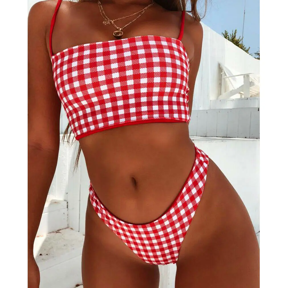 

Brief Sets 2019 New Brand Women Push-up Padded Bra Bandage Swimsuit Swimwear Bathing Suit Plaid Bra +Panties Clothes
