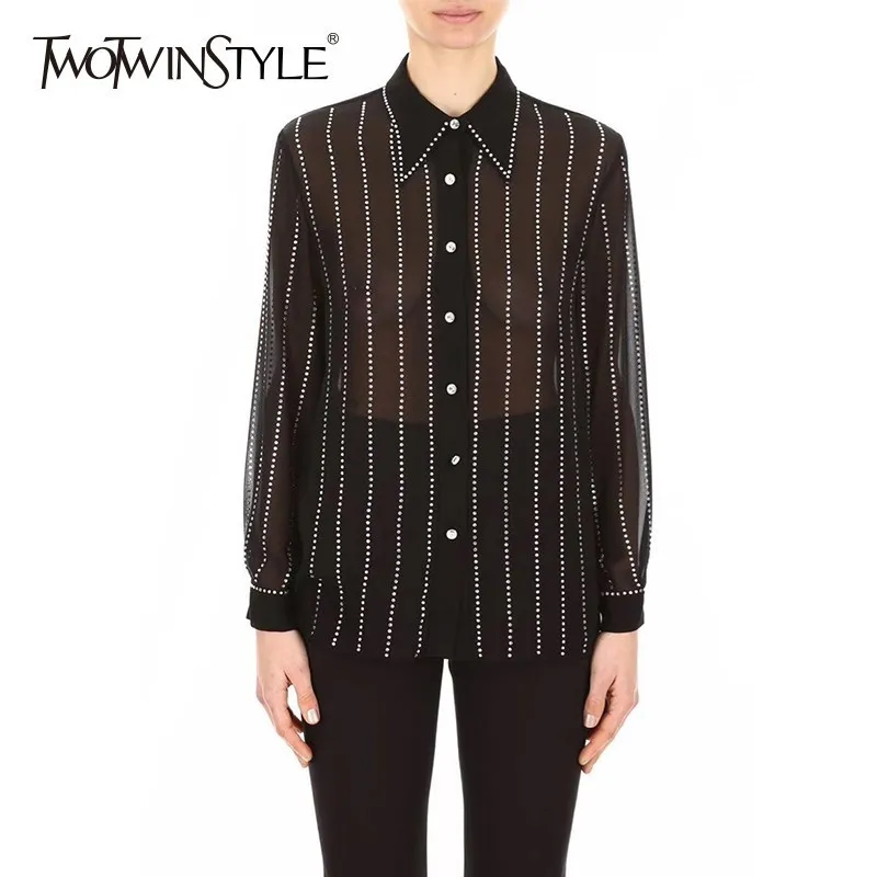 

TWOTWINSTYLE Perspective Diamonds Shirts For Women Long Sleeve Large Size Sexy Tops Female Elegant 2019 Fashion Clothing New