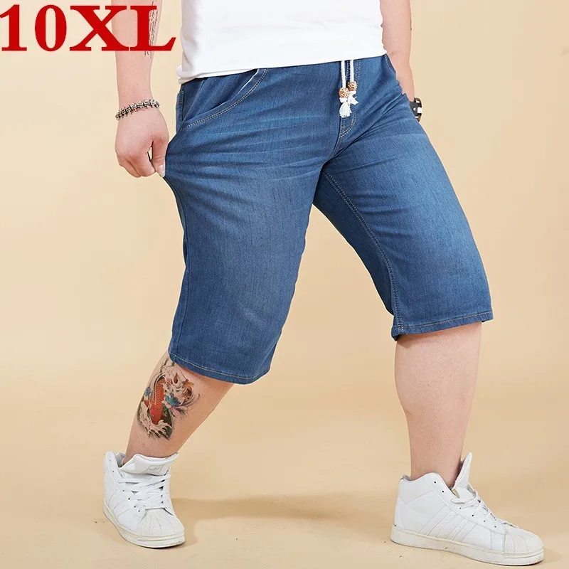 10xl Plus Size Knee Length Denim Shorts Mens Solid 100 Cotton Straight Short Jeans New Summer