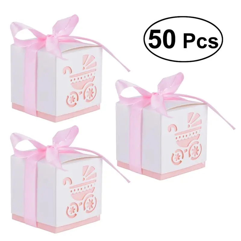 

50pcs Stroller Candy Sweet Gift Boxes Christening Baby Shower Party Bomboniere Favors Box (Pink)