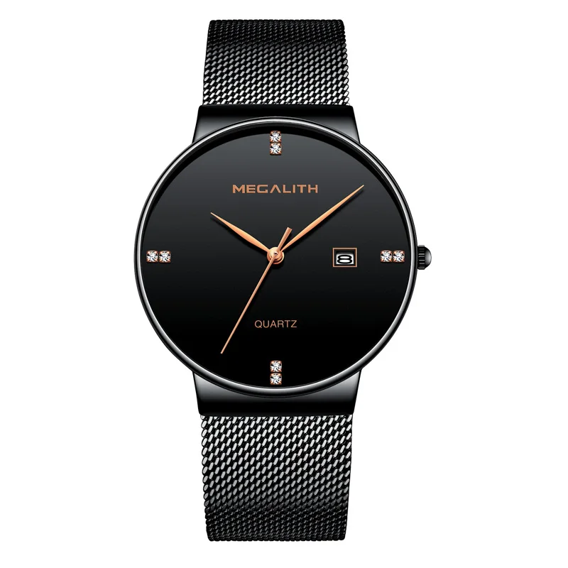 

MEGALITH Fashion Simple Design Watches For Mens Black Steel Mesh Strap Slim Dial Date Clock Waterproof Business Quartz Watch