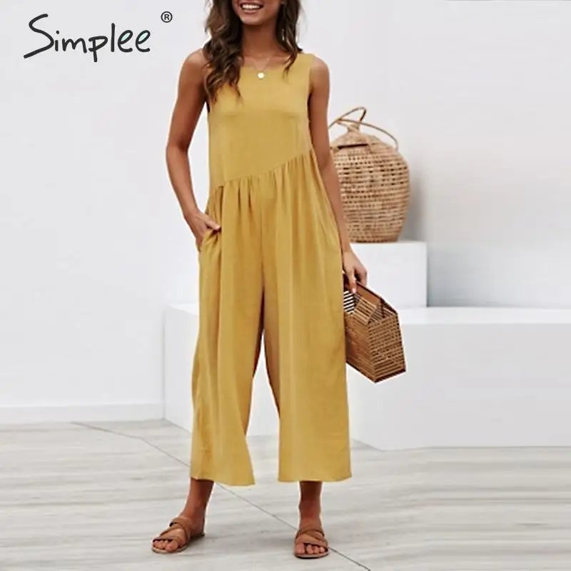 

Simplee Sexy wide leg solid jumpsuit women Sleeveless backless plus size jumpsuit Summer ladies summer loose cotton romper 2019