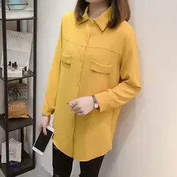 XL-5XL плюс Размеры Для женщин с длинным рукавом Шифоновая Блузка Весна 2019 уличная мода одноцветное Цвет Повседневная рубашка свободного