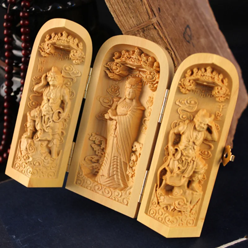 

Wholesale Boxwood Carving Statues Western Saha Trinity Goddess of Mercy Three Open Boxes Buddhist Wooden Crafts Decoration