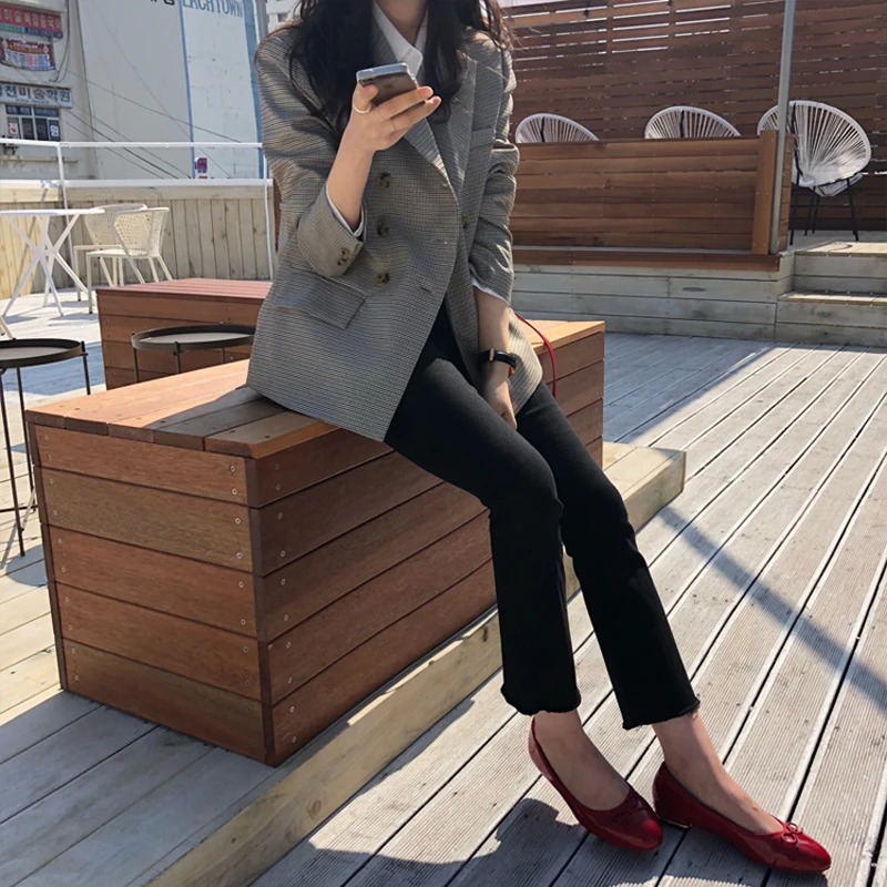 Classic Plaid Double Breasted Women Autumn Jacket Blazer Notched Collar Female Suits Coat Fashion Houndstooth Outwear Tunic OL