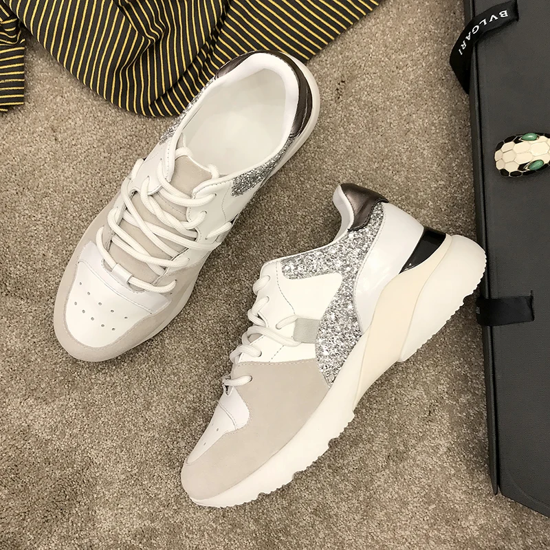 

19ss Mixed Color Thick Bottom Casual Skate Shoes Height Increasing Lace Up Sport Court Sneakers Soft Flat Running Woman Shoes