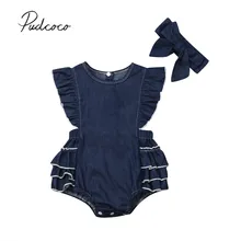 Летняя одежда для малышей 0-24 месяцев, джинсовый синий комбинезон для маленьких девочек, повязка на голову, комплект одежды из 2 предметов, боди с короткими рукавами и оборками