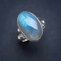 Натуральный голубой огненный Лабрадорит ручной работы, уникальные кольцо из стерлингового серебра 925 8,5 A1183