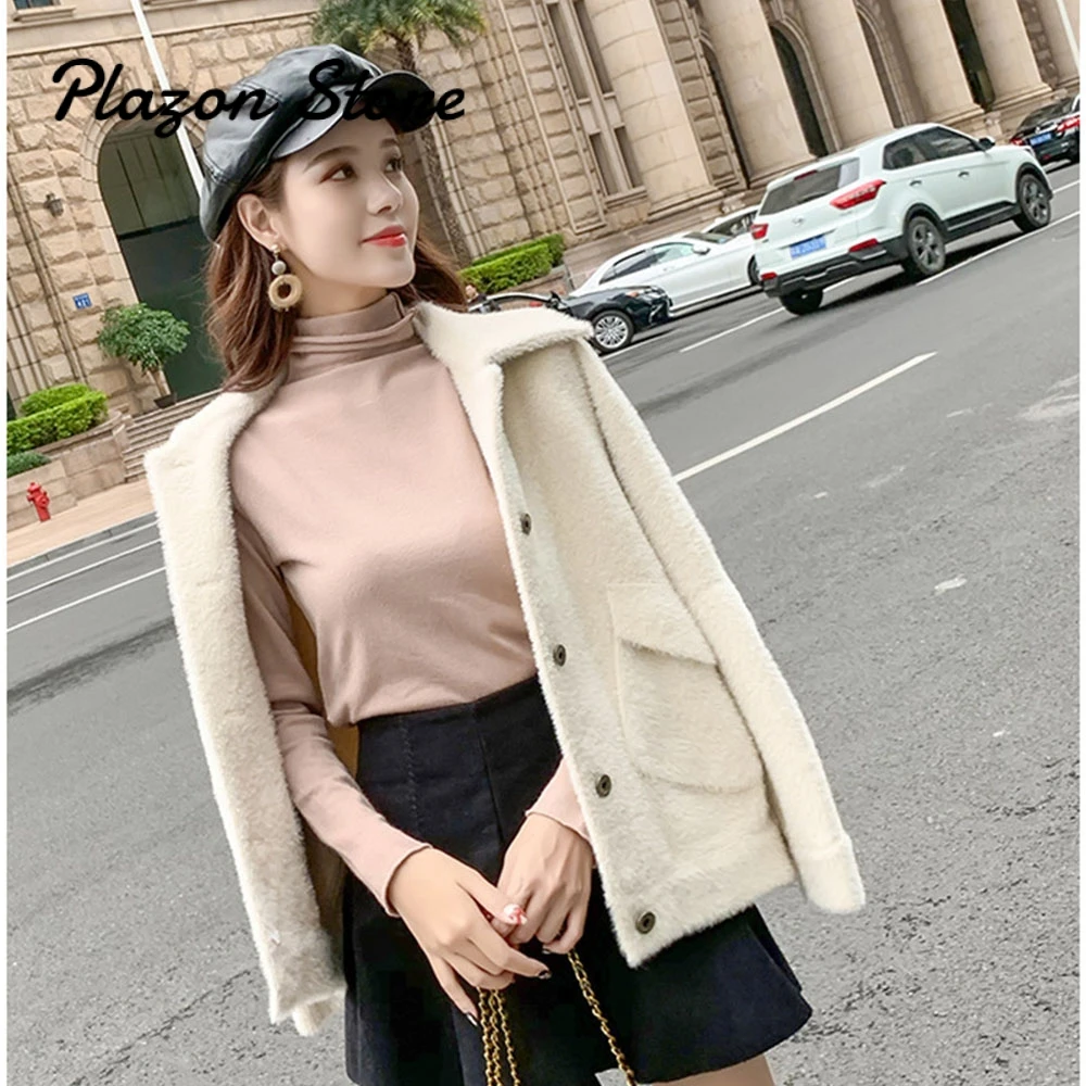 Plush Coat Shaggy Cardigan Korean Turn-down Collar Faux Fur Jacket Warm Single Breasted Manteau Fourrure Femme Fake Fur Coat