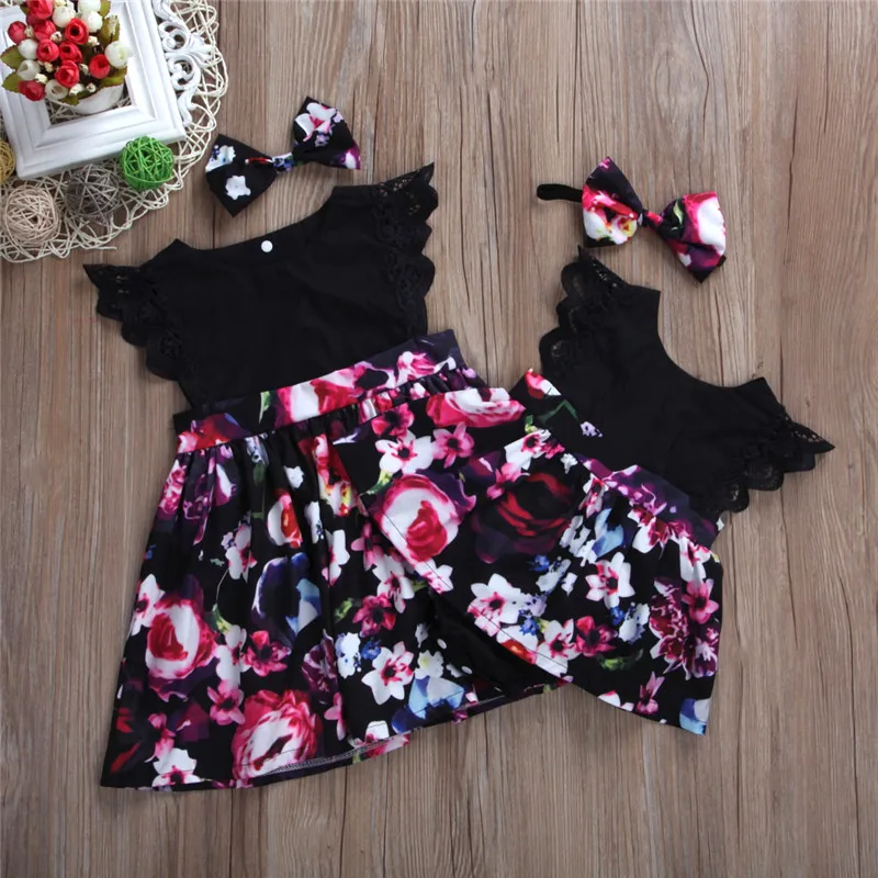 

Summer Frilly Toddlers Girl Lace Floral Dress Family Clothes Kids Girl Party Fancy Dresses Family Matching Outfits