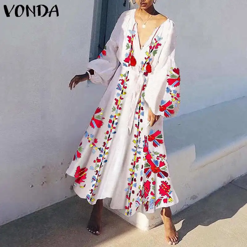 

2019 VONDA Vintage Spring Summer Dress Women Bohemian Floral Print Maxi Long Dress Casual Loose V Neck Vestidos Plus Size S-5XL