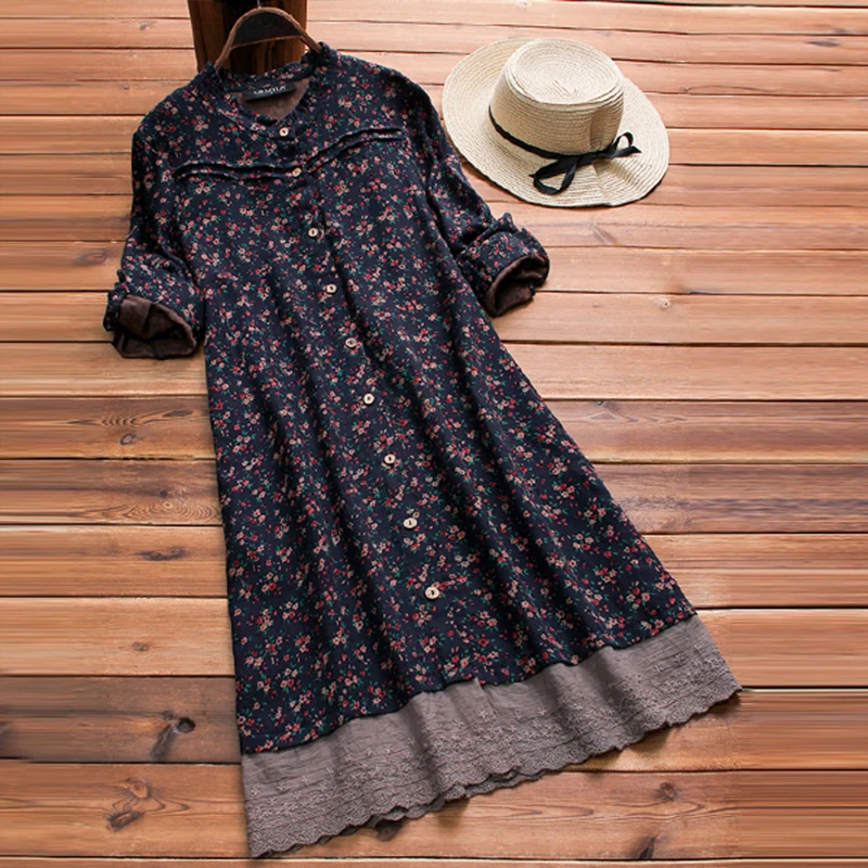 

Vintage Embroidered Floral Printed Dress Women Autumn Long Sleeve Ruffles Neck Long Shirt Dresses Casual Short Vestido Robe