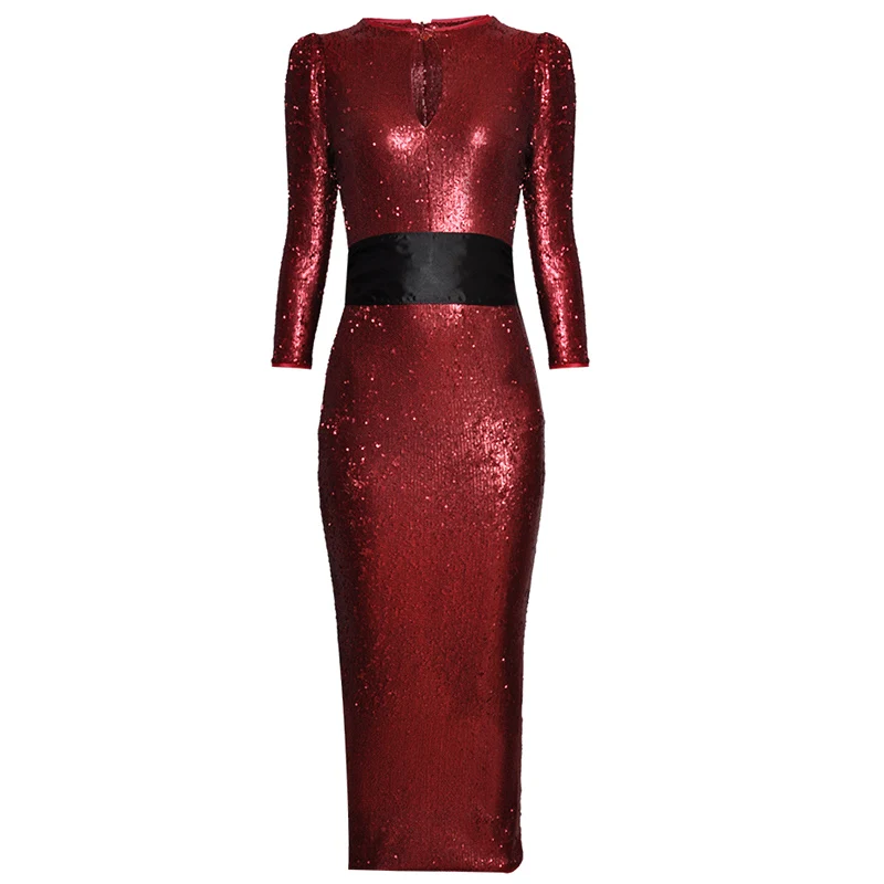 

black / wine shiny bling sequin maxi dress party wear going out dresses o-neck buttoned hollow out bow waist long pencil dress