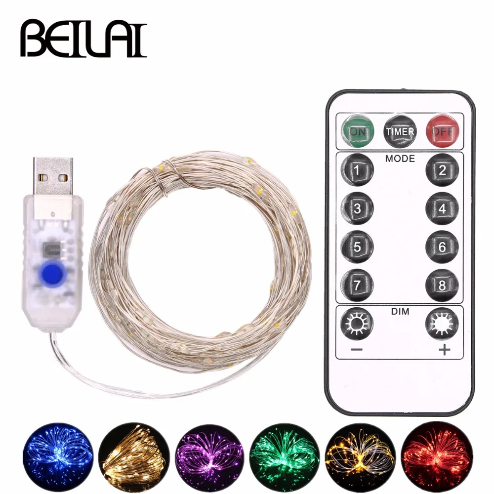 

BEILAI Fairy LED String Light Waterproof 10M 100LED USB 5V LED Holiday Lights With RF13Key Remote For Christmas Wedding Party