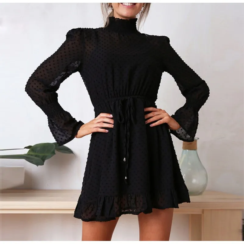 

Women Long Sleeve Sexy Turtleneck Summer Dress Dot Elasticity Waist Ruffle Chiffon Dress Vestido