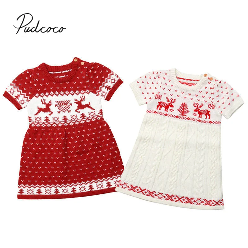 

2018 Brand New Christmas Kid Baby Girl Knit Sweater Dress Santa Deer Print Straight Warm Knee-Length Dress 2 Colors Outfit 6M-5Y