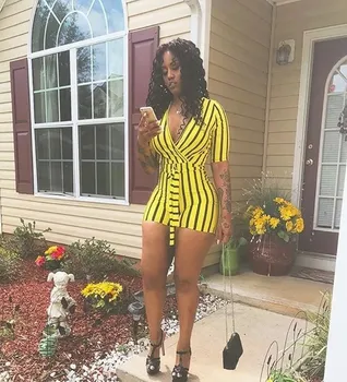 

Summer Women Striped Skinny Romper Sexy Deep V-neck Lace Up Jumpsuit Short Fashion Short Sleeve Playsuits