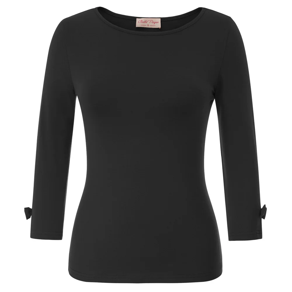 

Women Tops Comfy 3/4 Sleeve Boat Neck Bow-knot Decorated Cotton T-Shirt Tops
