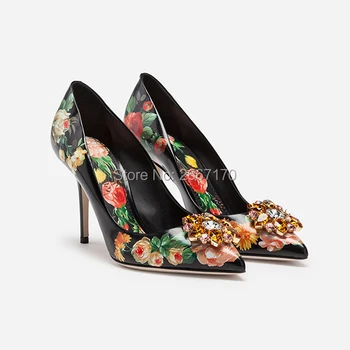 

Black White Pink Rose Print Leather Bling Stone Stiletto Shoes Female Sexy Pointed Toe Crystal Flower Pumps Party Wedding Heels